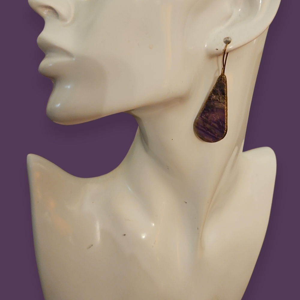ARTISAN Handpainted Purple Teardrop Hook Earrings